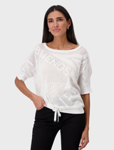 Cream round neck sweater with ajour detailing, showcasing a stylish and lightweight design suitable for various occasions.