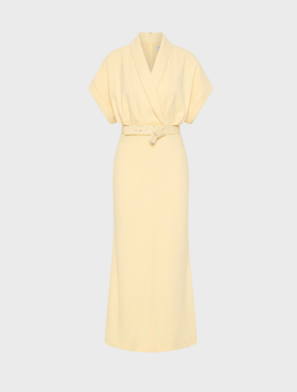 A yellow dress featuring a belt and a collar, showcasing a stylish and elegant design.