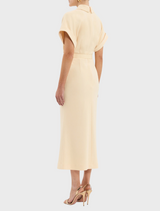 A sunny yellow dress with a fitted belt and a classic collar, ideal for a polished appearance.