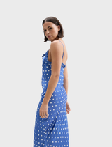 Beautiful Posey dress in royal antique color, adorned with floral motifs and a flattering silhouette.