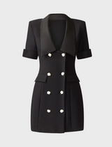 Elegant black blazer dress made from a comfortable wool blend, perfect for formal occasions.
