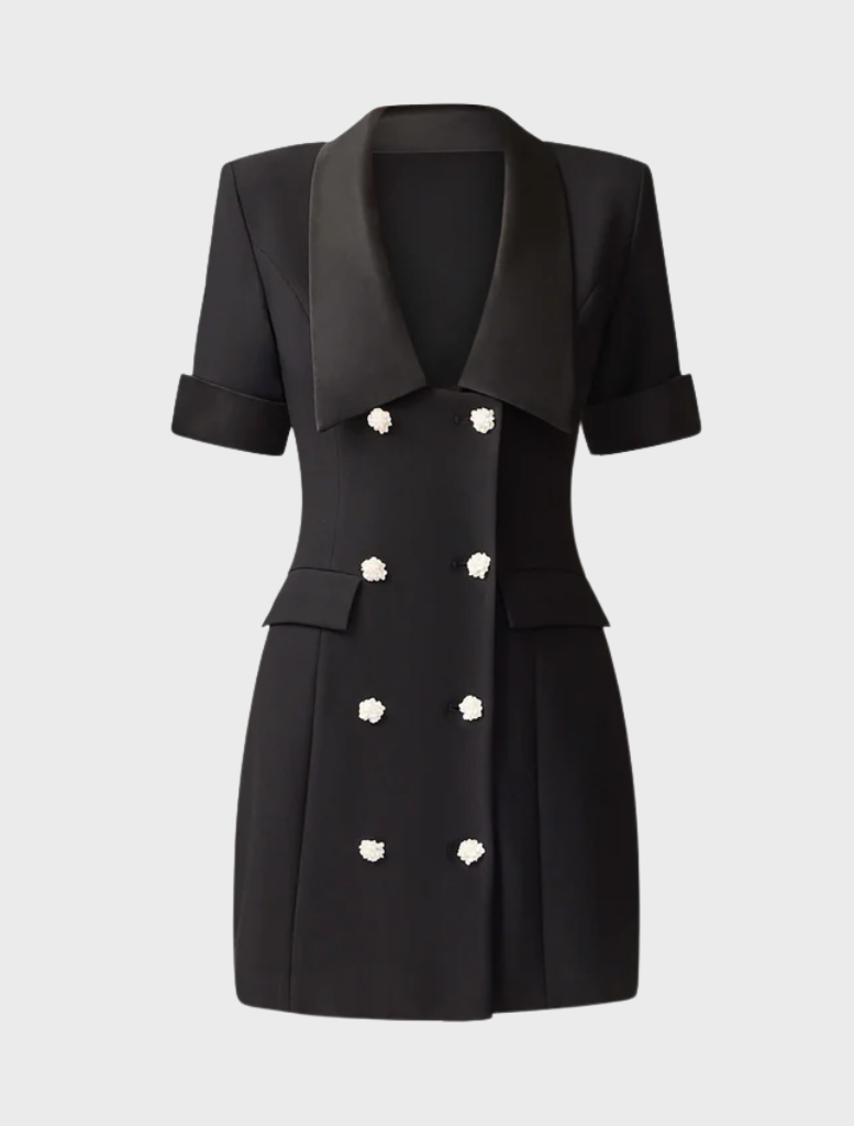 Elegant black blazer dress made from a comfortable wool blend, perfect for formal occasions.
