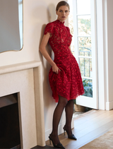 The Carmen A-Line dress in ruby red showcases a classic silhouette with a fitted top and flowing skirt, elegantly draped.