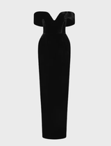 Black Ryn gown draped elegantly, emphasizing its graceful lines and refined style.