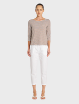 Casual relaxed boat neck shirt in saddle and white, designed for comfort and easy wear.