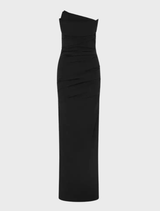 Black strapless gown featuring a sleek design and graceful silhouette, ideal for evening events.