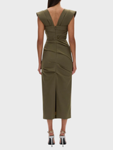 Olive Salma dress draped elegantly on a hanger, emphasizing its chic style and color.