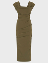 Olive green Salma dress displayed on a mannequin, showcasing its elegant design and flowing fabric.