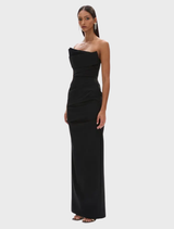Black strapless gown with a sleek silhouette, designed for sophisticated evening events.