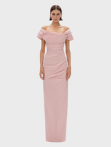Elegant Salma gown in a soft rosewater hue, featuring a flowing silhouette and delicate fabric.