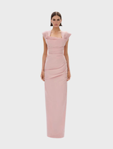 Elegant Salma gown in a soft rosewater hue, featuring a flowing silhouette and delicate fabric.