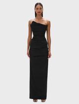 Elegant black strapless gown with a fitted bodice and flowing skirt, perfect for formal occasions.