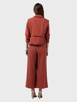 Sandalwood linen blend jacket featuring frayed edges, detailed trim, and front and back panel seams for a perfect fit.