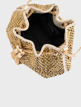 Stylish gold pouch with a studded hotfix pattern, perfect for adding a touch of glamour to your accessories.