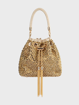 Gold pouch with studded design, featuring a hotfix embellishment, ideal for stylish storage and accessories.