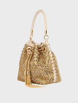Chic gold pouch featuring a studded hotfix design, suitable for organizing small items with flair.