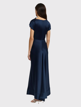Elegant Glatton Maxi Dress in Sapphire, highlighting bold architectural lines and a full-length silhouette for evening occasions.