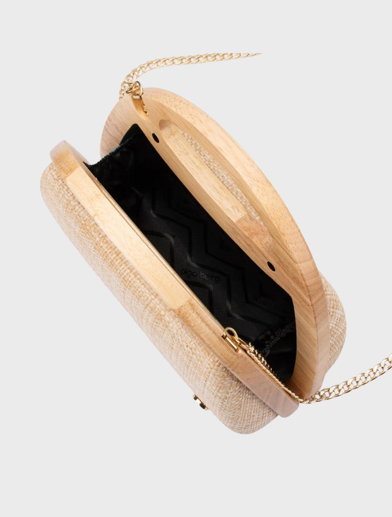 A bamboo bag constructed from natural woven material