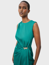 Elegant opulent green satin dress with scoop neckline, front pleats, side slit, and back zipper, designed for a sleek fit.