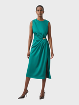 Opulent green satin sheath dress with scoop neckline, pleats, side slit, and back zipper for an elegant silhouette.
