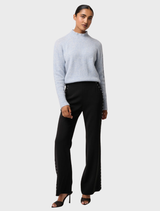 Blue Frost Savanna Alpaca Blend Sweater laid flat, illustrating its luxurious feel and contemporary design elements.