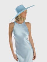 Elegant blue boater hat with a structured design and 18cm brim, suitable for events like weddings and race days.