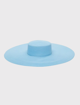 Blue wide-brim boater hat with structured crown, ideal for racewear, weddings, and special events. One size fits all.