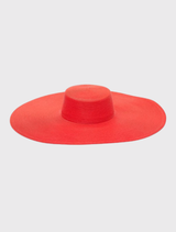 Classic red boater hat with a large brim, perfect for events like weddings and races, featuring a structured design for comfort.