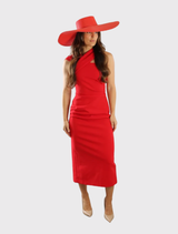 Classic red boater hat with a large brim, perfect for events like weddings and races, featuring a structured crown for comfort.