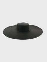 Stylish black boater hat with a high crown and 18cm brim, designed for events like weddings and racewear. One size fits all.