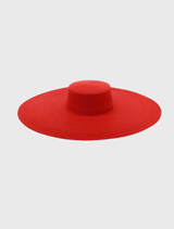Red wide-brim boater hat with a classic shape, perfect for event styling, featuring a structured crown and comfortable fit.