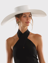 White Savannah boater hat with a classic shape and large brim, perfect for events like weddings and Ladies Day.