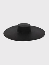 Black wide-brim boater hat with structured crown, ideal for racewear, weddings, and special events. One size fits all.