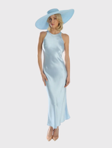 Stylish blue boater hat with a high crown and wide brim, designed for racewear and elegant occasions. One size available.