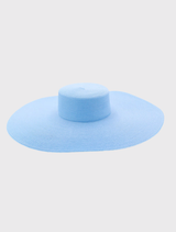Elegant blue boater hat with a structured design and wide brim, suitable for racewear and formal occasions. One size available.
