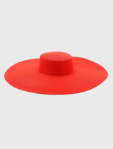 Stylish red boater hat with a wide brim, designed for racewear, featuring a structured crown and a comfortable fit for events.