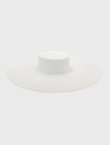 Elegant white boater hat with a high crown and wide brim, designed for stylish event attire and comfortable wear.