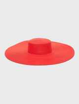 Red wide-brim boater hat with structured crown, ideal for racewear and events, featuring a 57cm circumference and 18cm brim.