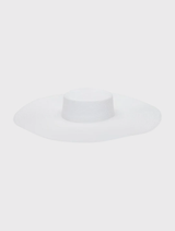 White wide-brim boater hat with structured crown, ideal for racewear, weddings, and special events. One size fits all.