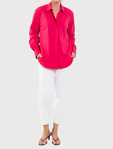 Lightweight raspberry Saville Shirt with a crisp collar, oversized fit, and longline design, made from a cotton blend.