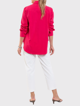 Lightweight raspberry Saville Shirt with a crisp collar, oversized fit, and longline design, made from a cotton blend.