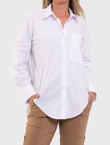 White Saville Shirt featuring a crisp collar, longline silhouette, and concealed placket, made from lightweight cotton blend fabric.