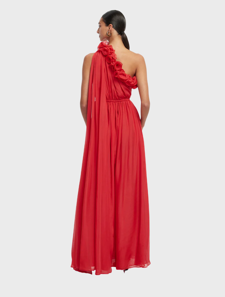 Fashionable one shoulder maxi dress in bold scarlet, designed for a sophisticated look at any event.