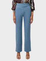 Elegant high-waisted pants in sky-blue faux suede, showcasing a wave-shaped waistband for a flattering silhouette and comfort.