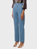 Stylish sky-blue faux suede pants with a wave-shaped waistband, combining sophistication and comfort for versatile wear.