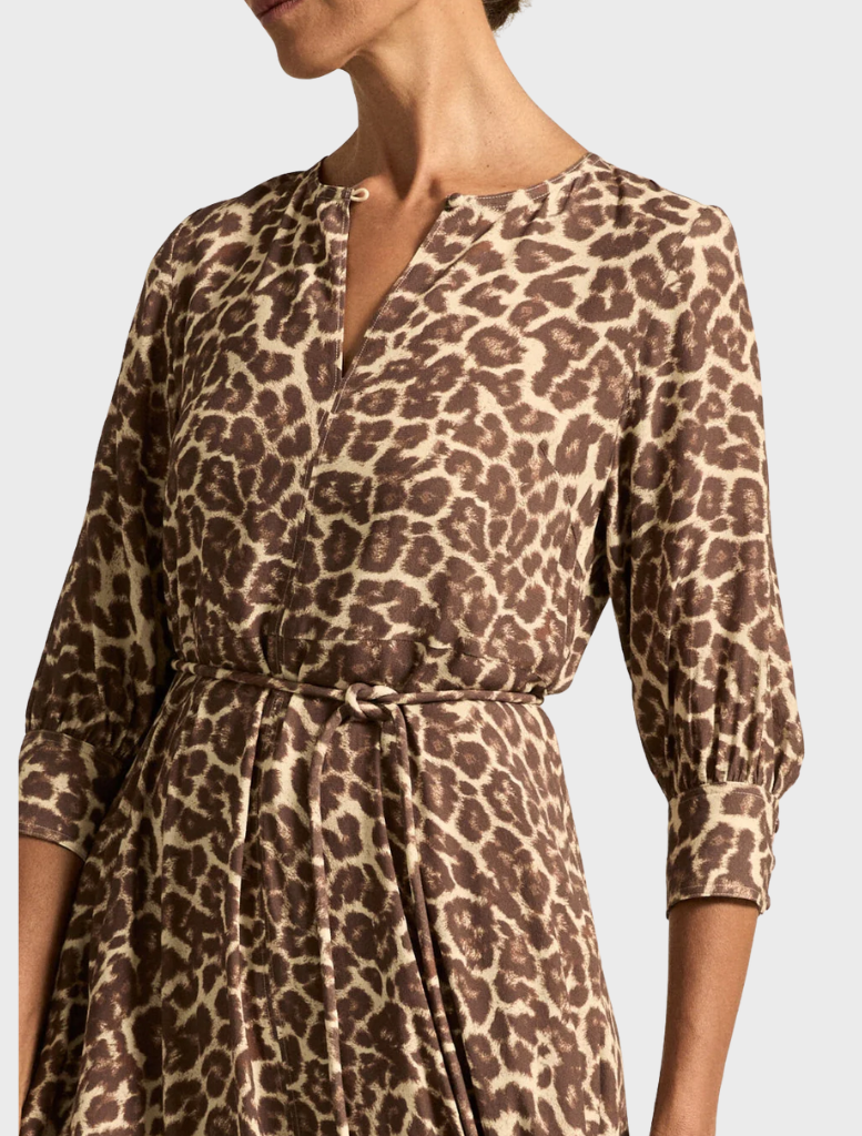 Elegant leopard print midi dress crafted from soft, lightweight material for a comfortable fit.