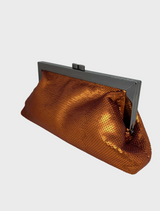 A vibrant copper clutch bag with a decorative metal clasp, suitable for special events.