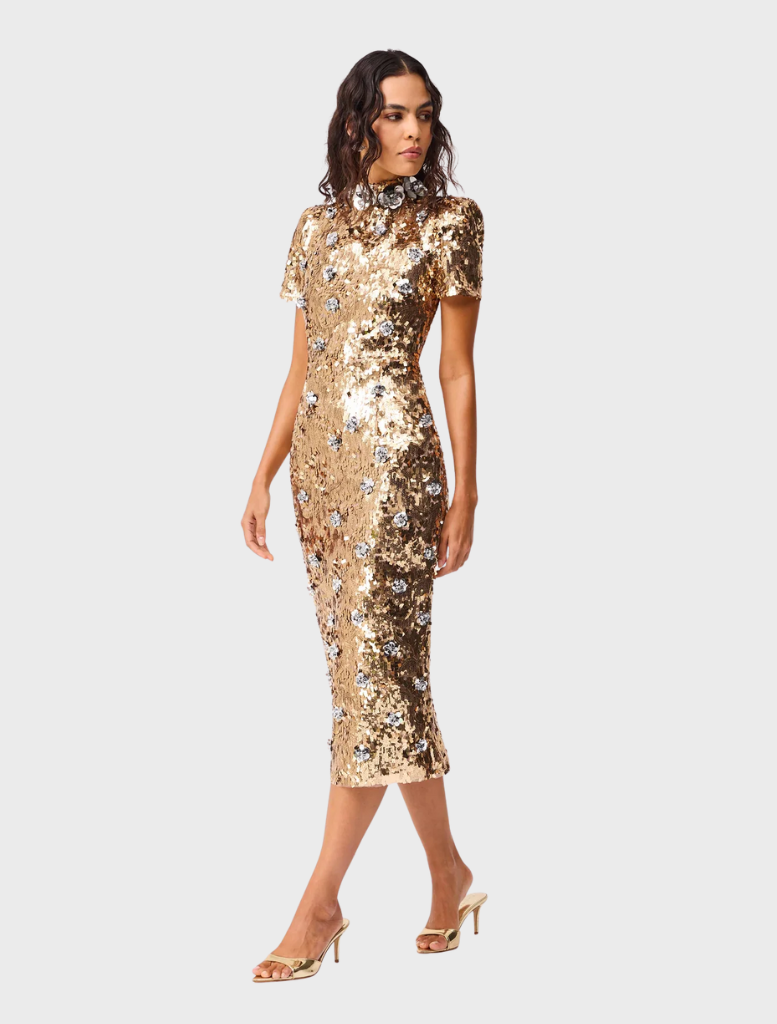 Shimmering gold sequin midi dress with short sleeves by Noelle, combining elegance and comfort for any festive occasion.