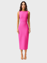 Fuchsia Seraphina Midi Dress featuring a fitted bodice and flowing skirt, perfect for elegant occasions.
