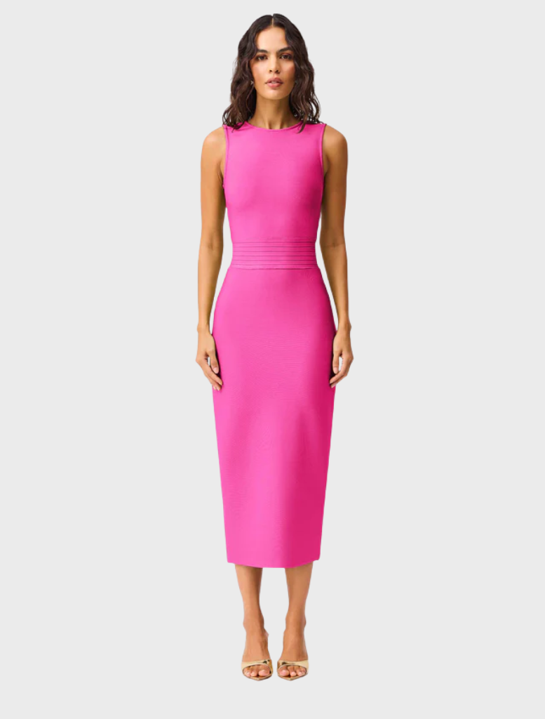 Fuchsia Seraphina Midi Dress featuring a fitted bodice and flowing skirt, perfect for elegant occasions.